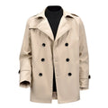 Men's mid-length double-breasted jacket in khaki, apricot or black, loose polyester casual coat, 50cm length
