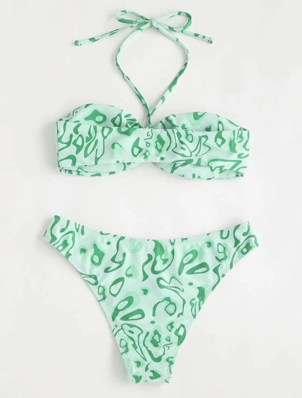 Women's blue floral bandeau bikini with split design and backless styling for swimming