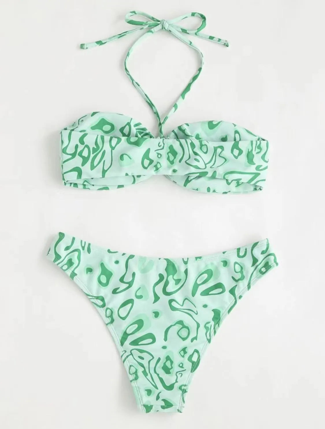 Women's blue floral bandeau bikini with split design and backless styling for swimming