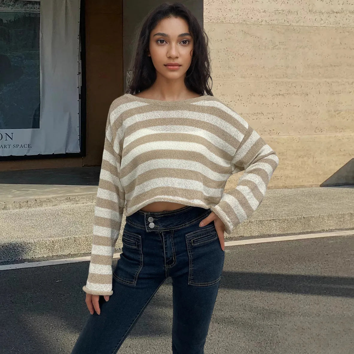 Striped long-sleeved sweater with front and back wearable design in mercerised cotton