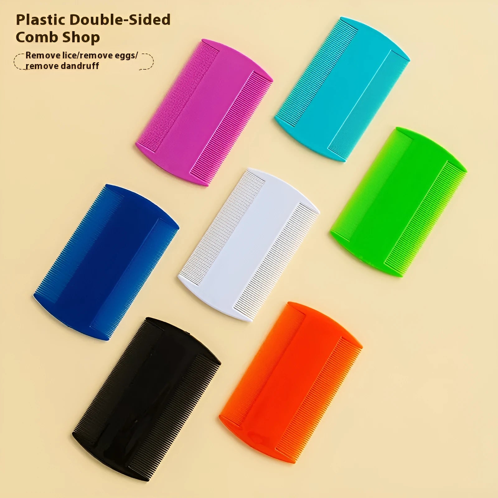 A double-edged fine-toothed plastic comb for flea and lice removal, shown in colour options.