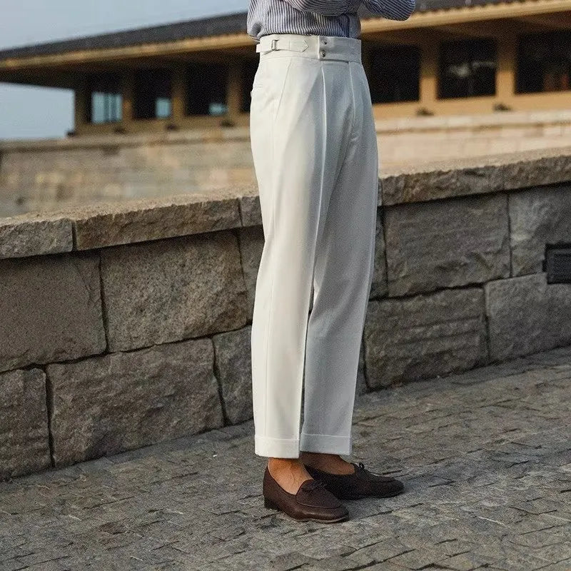 Men's slim fit straight-leg business trousers in chemical fibre blend available in apricot, black and white