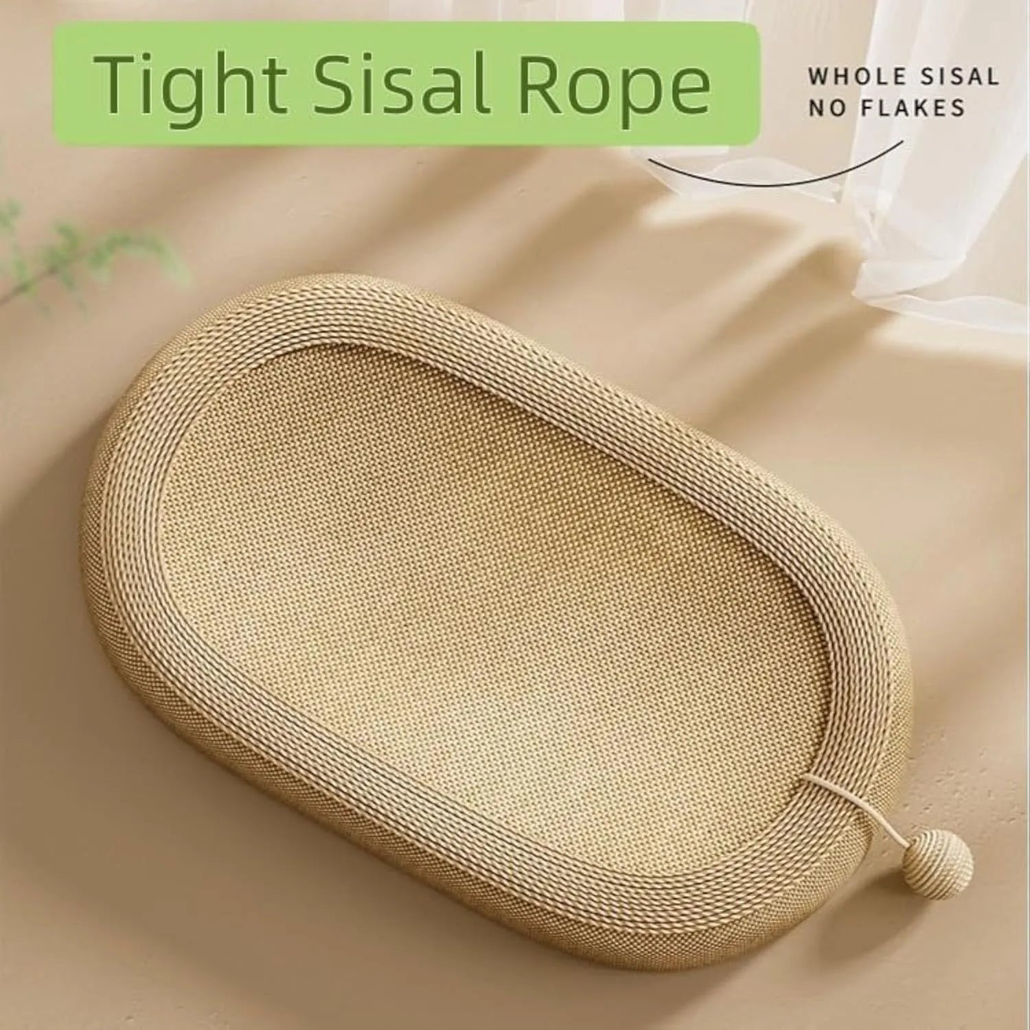 Large natural sisal cat scratching board with raised lounging platform for cats.