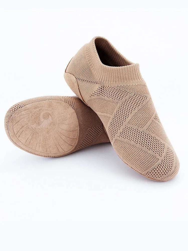 Camel colour contemporary dance yoga shoes with cotton mesh upper and leather sole