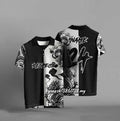 Black loose-fit casual T-shirt with a vibrant 3D digital print on the front, short sleeves.