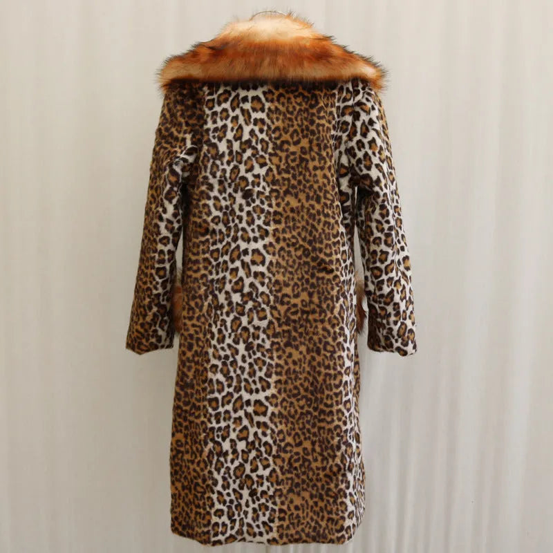 Women's leopard print artificial fur jacket with 80cm length available in sizes S to 9XL