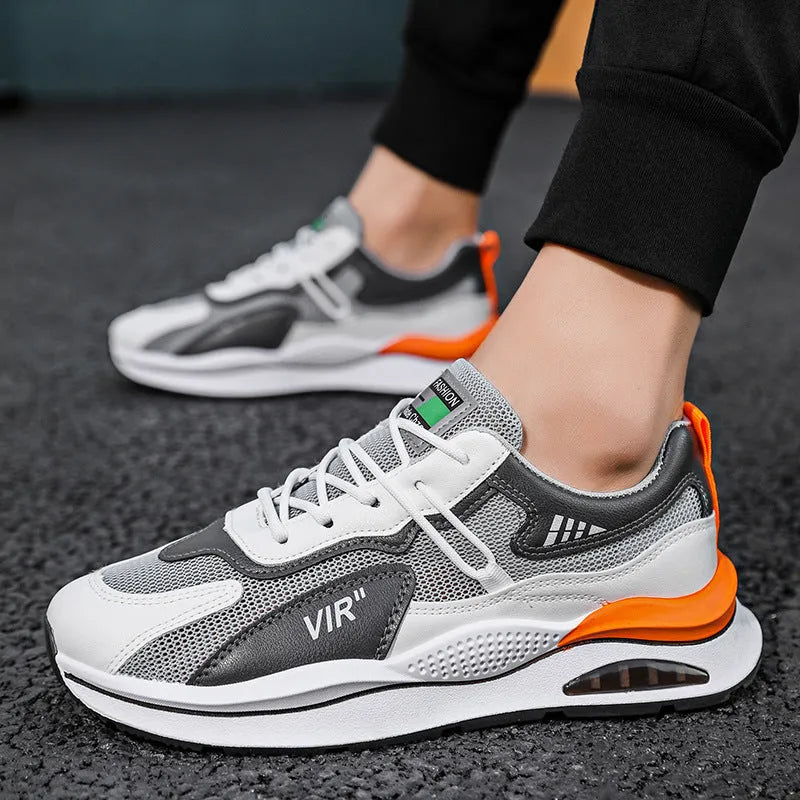 Men's grey mesh running shoes with round toe and EVA sole for summer jogging