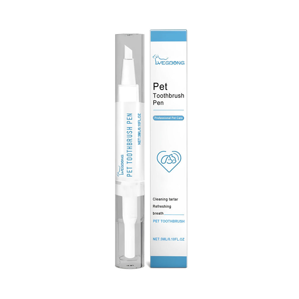 Pet dental care brush kit showing 12.5cm long applicator brush and 3ml dental gel tube for dog and cat teeth cleaning