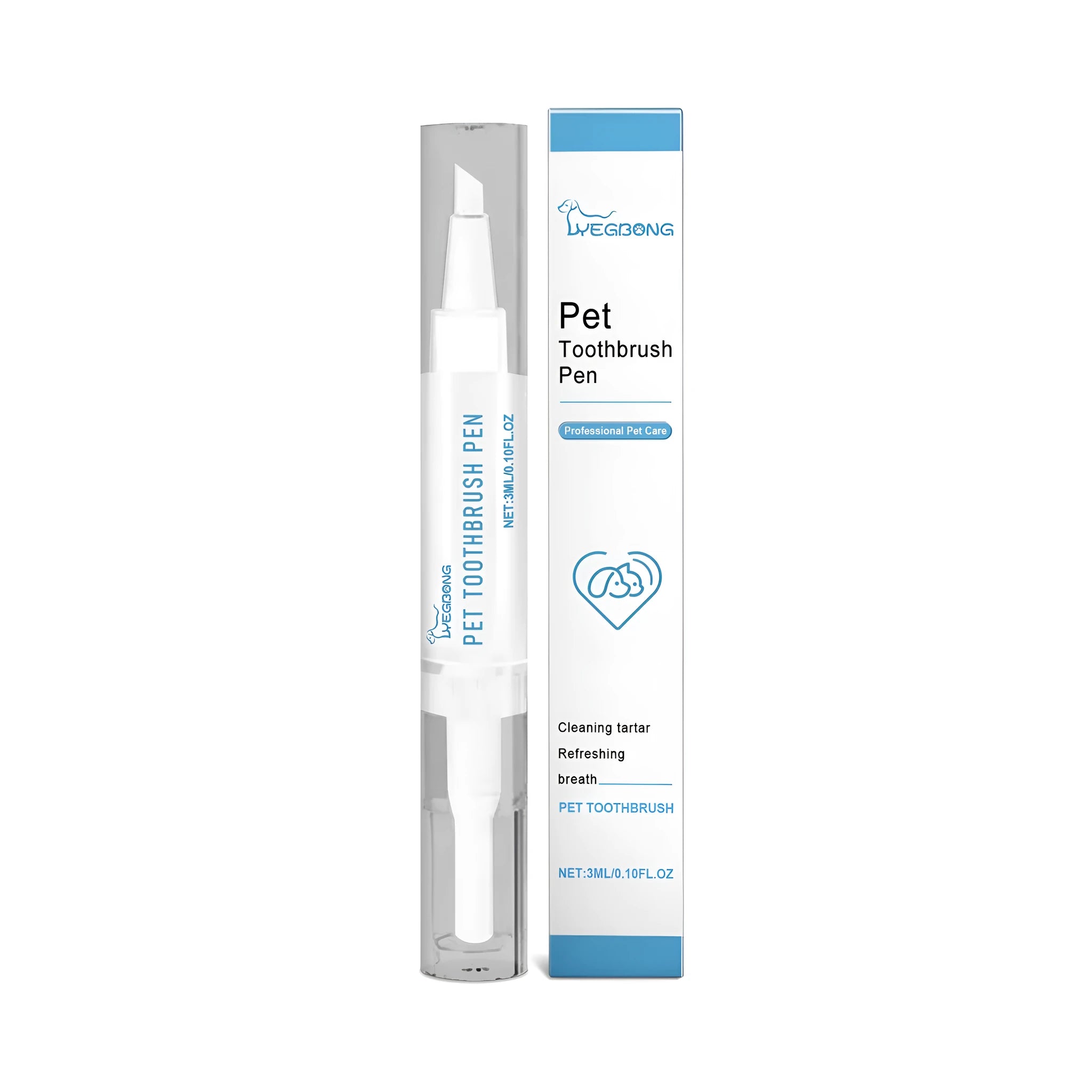 Pet dental care brush kit showing 12.5cm long applicator brush and 3ml dental gel tube for dog and cat teeth cleaning