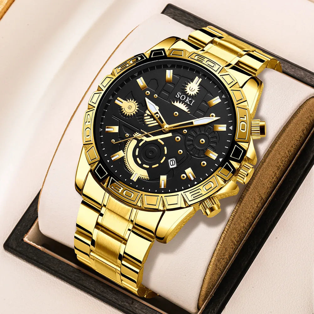 Men's gold tone stainless steel business calendar quartz watch with 10mm thickness case