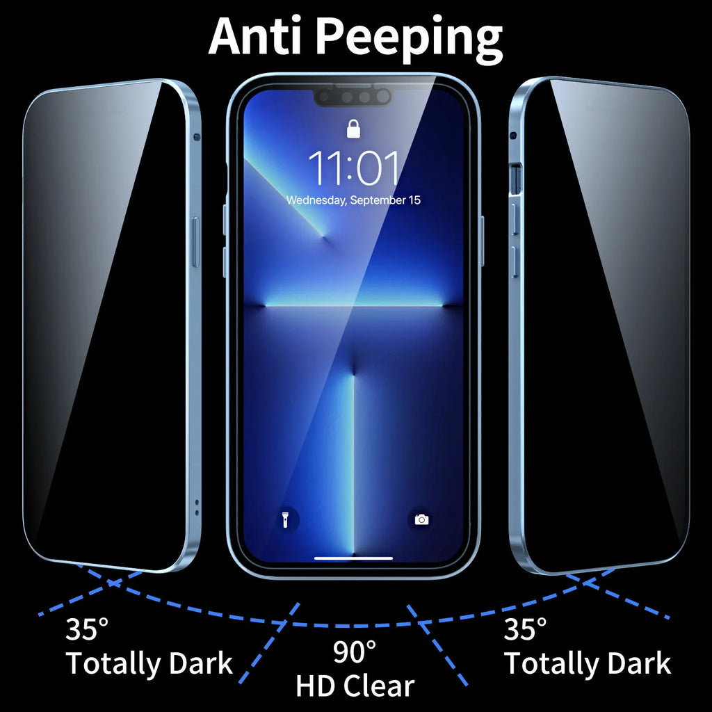 Black magneto phone case with double-sided metal frame for iPhone on a table