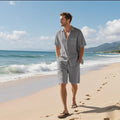 Men's linen blend short sleeve shirt and matching shorts beach suit set shown in multiple colours.