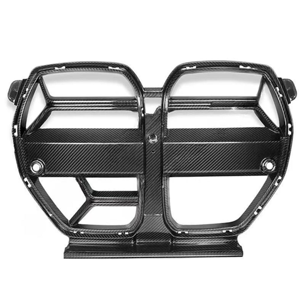 Black dry carbon fibre front bumper grille with 3K weave for BMW M3 M4 G80 G82 models.
