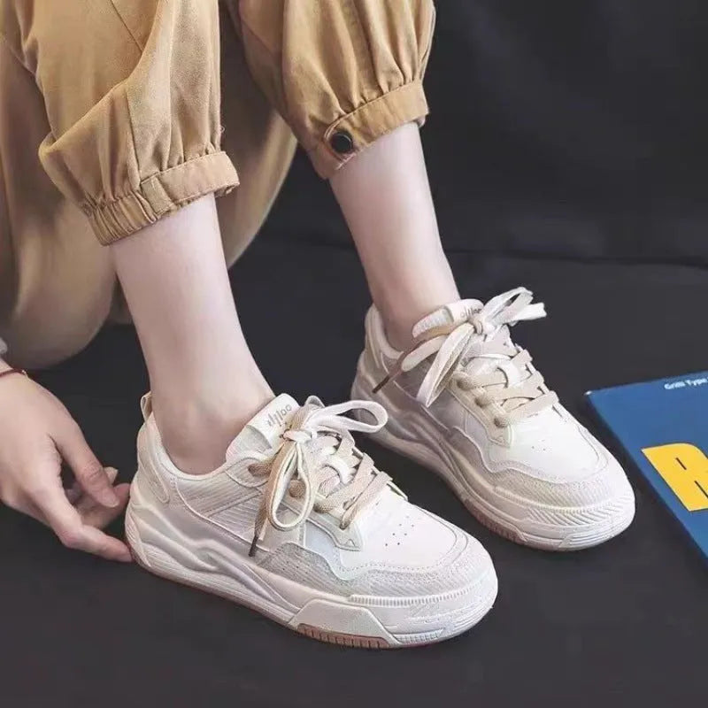 Women's pink and beige low-top height increasing sneakers with rubber soles