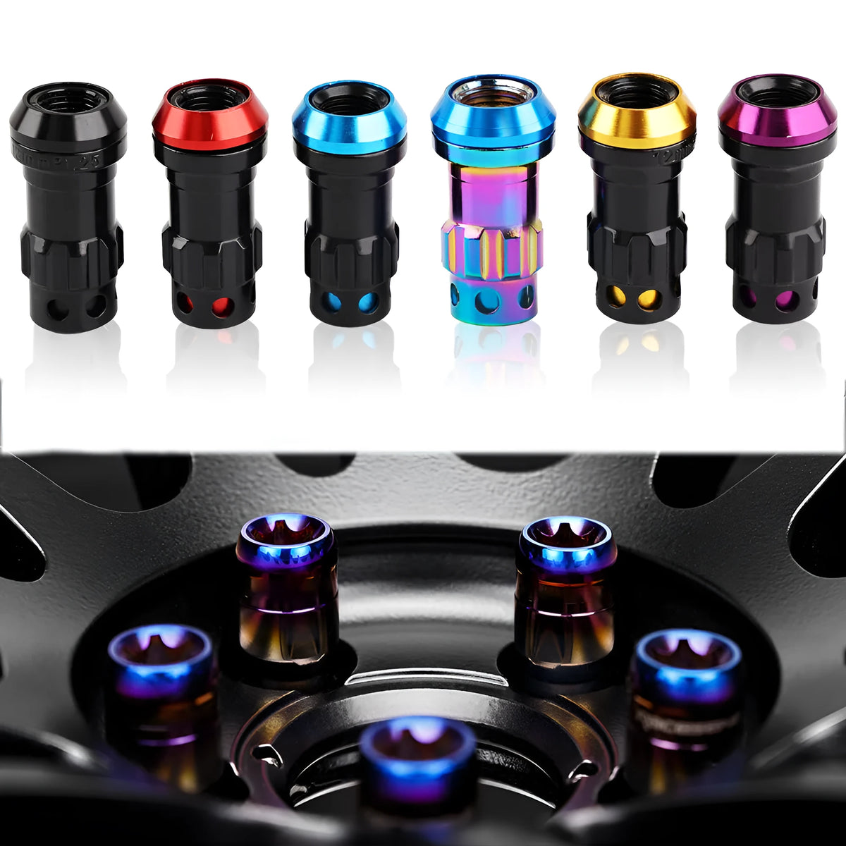 Set of aluminium alloy flat head wheel nuts in various colours including black gold and colour red.