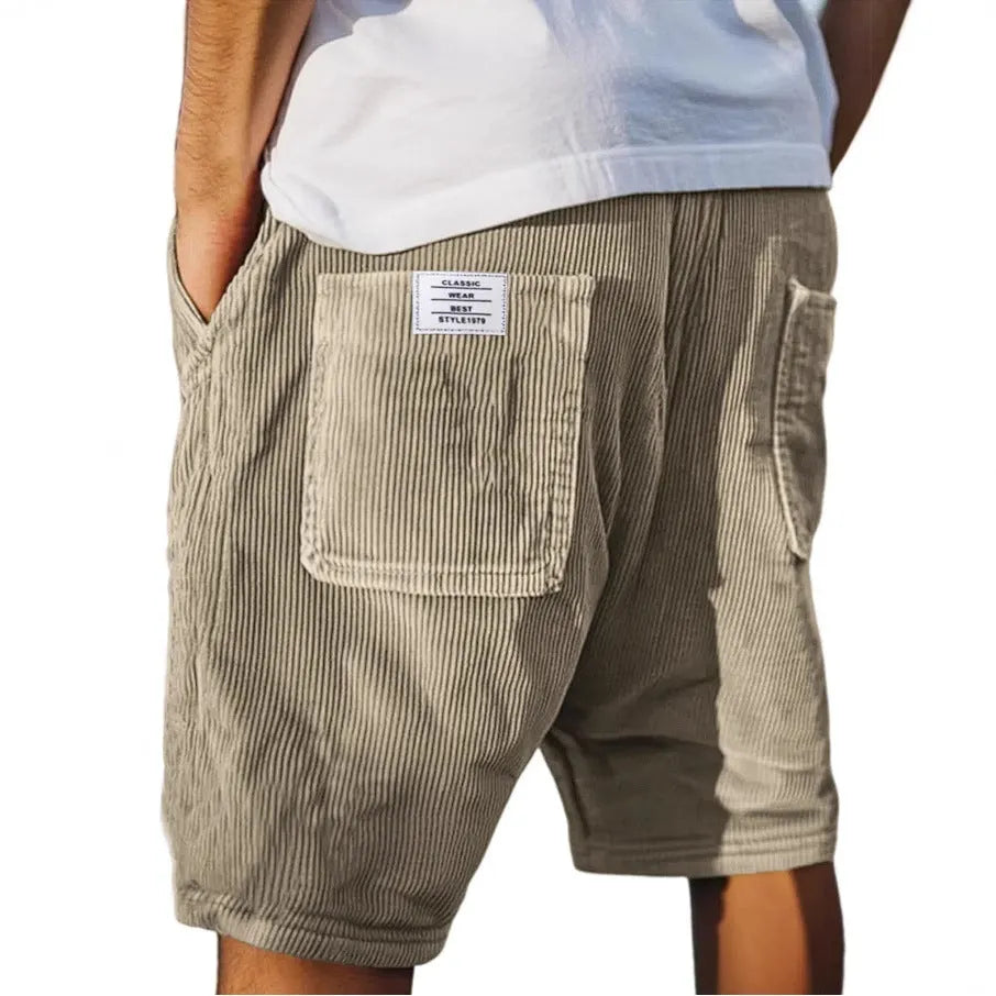 Men's straight-leg corduroy shorts in multiple colours showing multi-pocket design and embroidery detail.