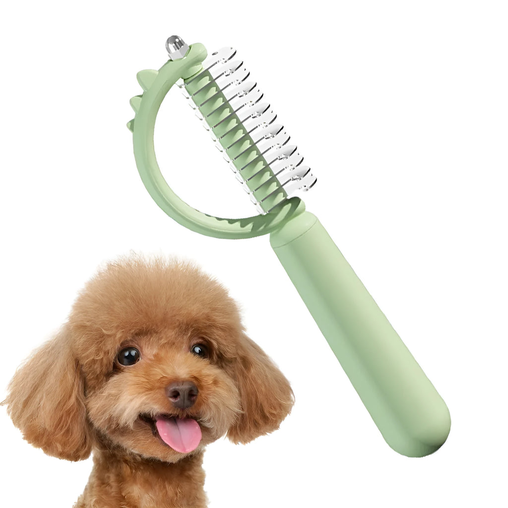 Blue dinosaur-shaped cat brush with double-sided grooming heads for shedding and dematting