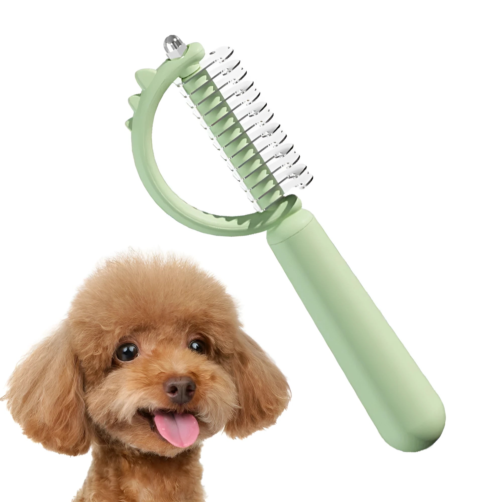 Blue dinosaur-shaped cat brush with double-sided grooming heads for shedding and dematting