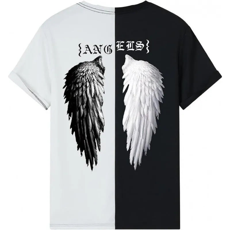 Short-sleeved men's printed street sports t-shirt on a hanger, showing digital print design.