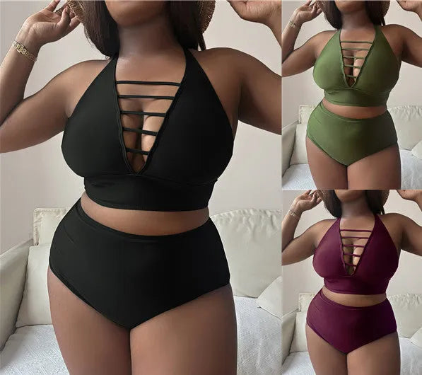 Plus size woman modelling a solid colour halter bikini with adjustable cross straps and high waist briefs.
