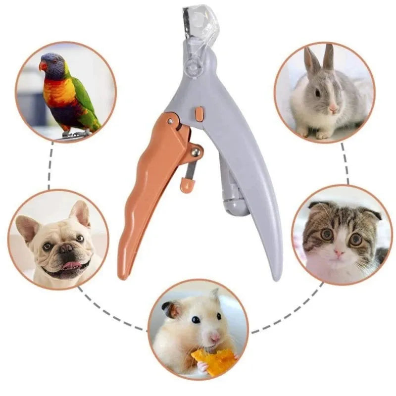 Yellow pet nail clipper with LED light, magnifying glass, and safety guard for dog and cat grooming.