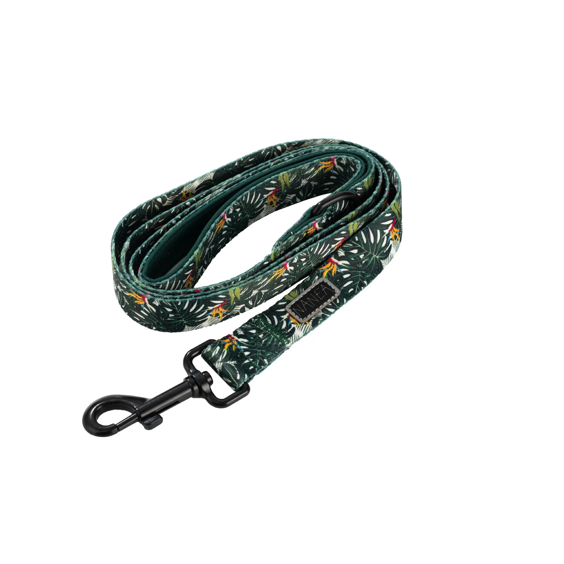 Six-piece adjustable dog harness set showing vest harness, lead, collar, poop bag holder, bow tie, and bandana in coordinating colours