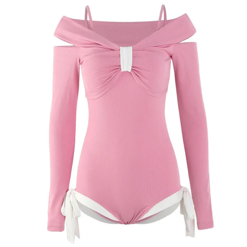 Women's long sleeve one-piece swimsuit in polyester fabric available in pink or black
