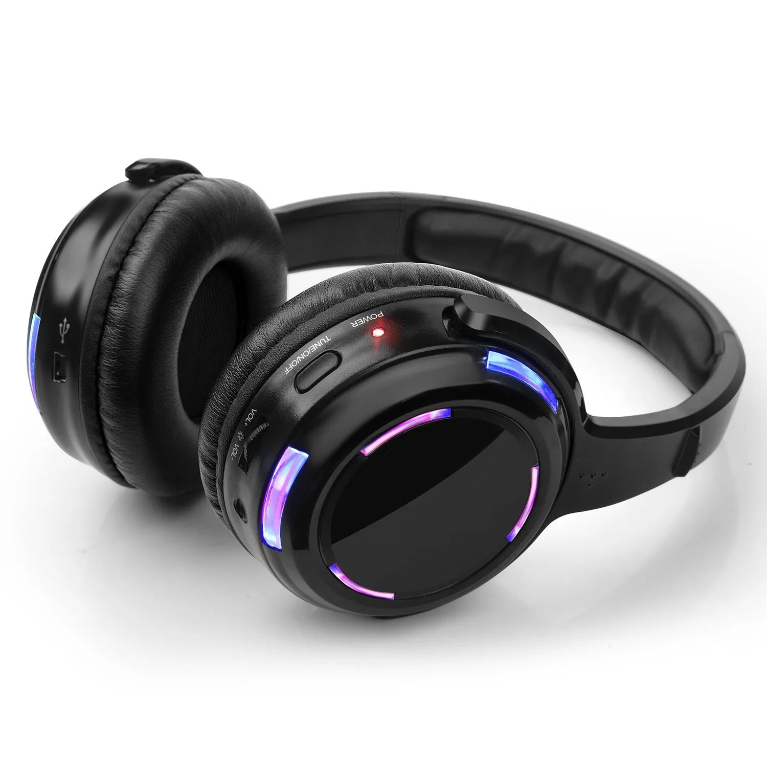 Black silent disco wireless headphones with 40mm drivers and a 3.5mm plug on a 3 metre cable