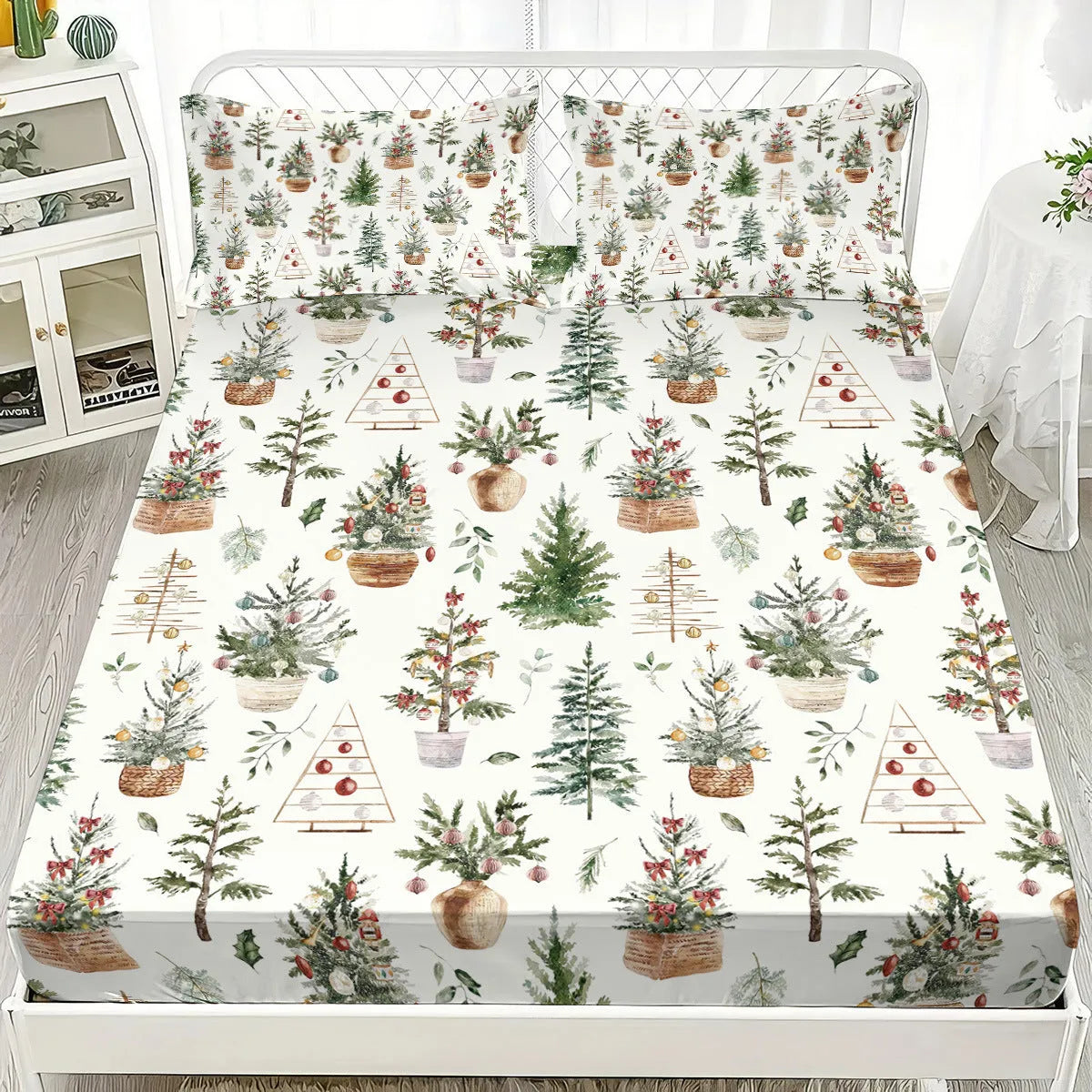 Christmas tree 3D printed fitted sheet set with two pillowcases, chemical fibre, sizes 180x200 and 200x220