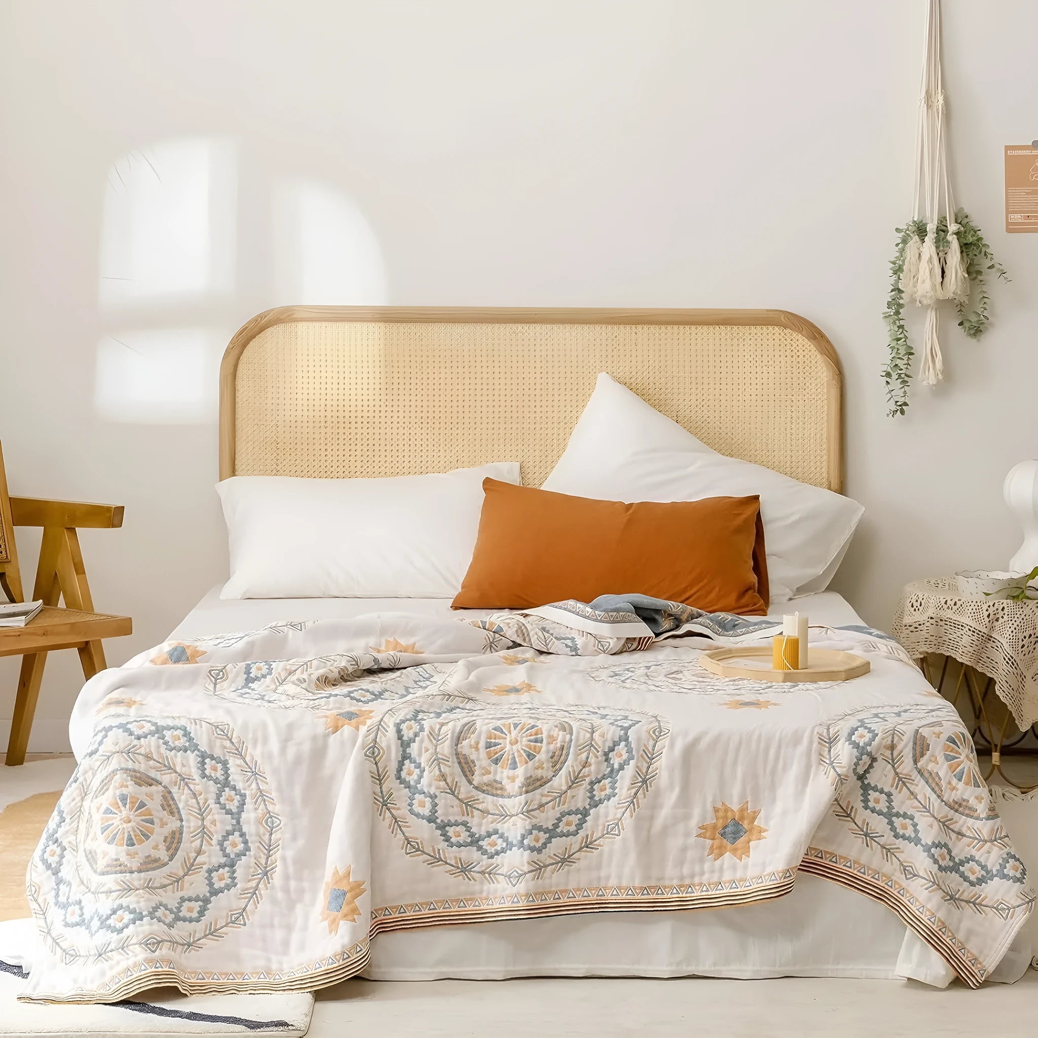 Cotton towel blanket with geometric pattern in modern simplicity style, shown in a home setting.