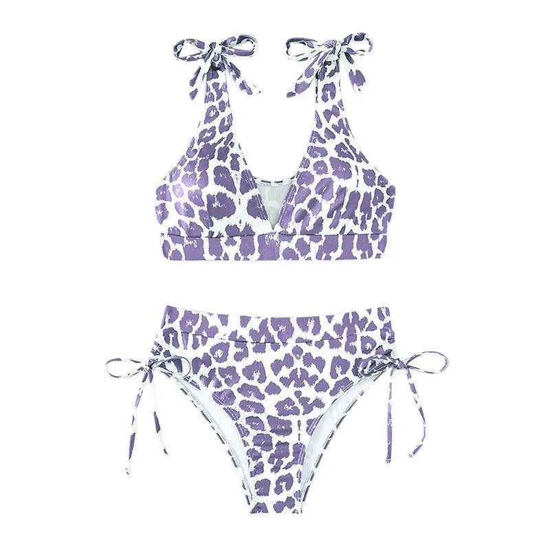 Women's purple leopard print sleeveless lace-up top with matching high-waist shorts