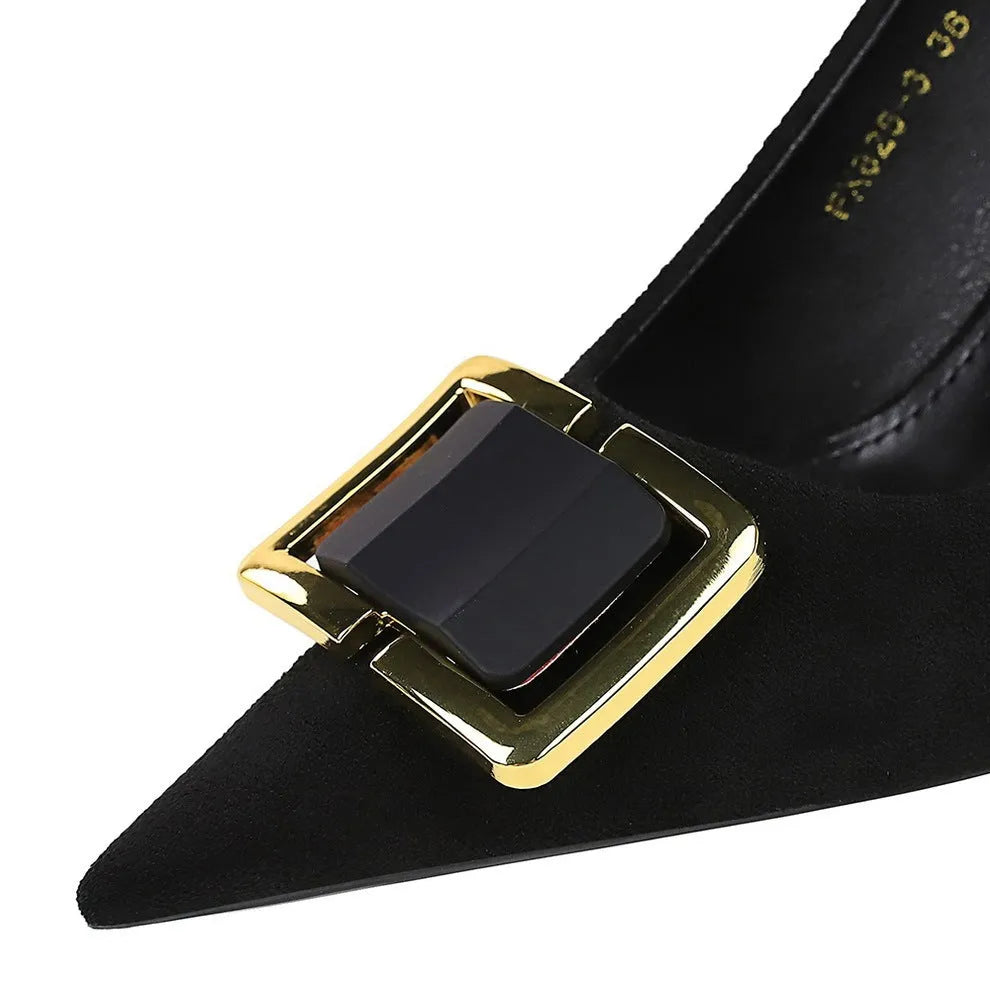 Black suede women's high heels with 9cm stiletto heel and pointed toe