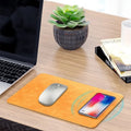 Brown leather wireless charging mouse pad with Micro USB cable showing 400x300mm dimensions