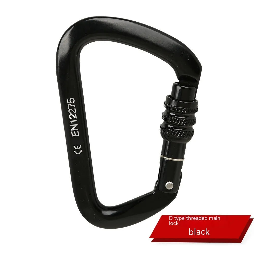 Silver red D-ring screwgate climbing carabiner with automatic locking mechanism