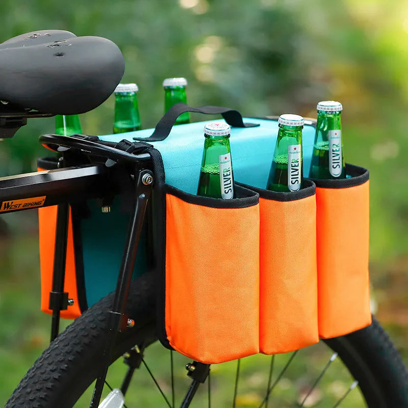 Black and orange double-sided bicycle beverage bag mounted on bike frame with 2L capacity