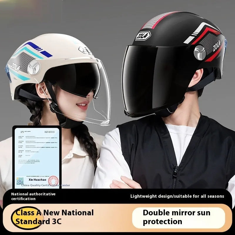 Children's 3C battery motorcycle half helmet with double mirror visor in light brown colour