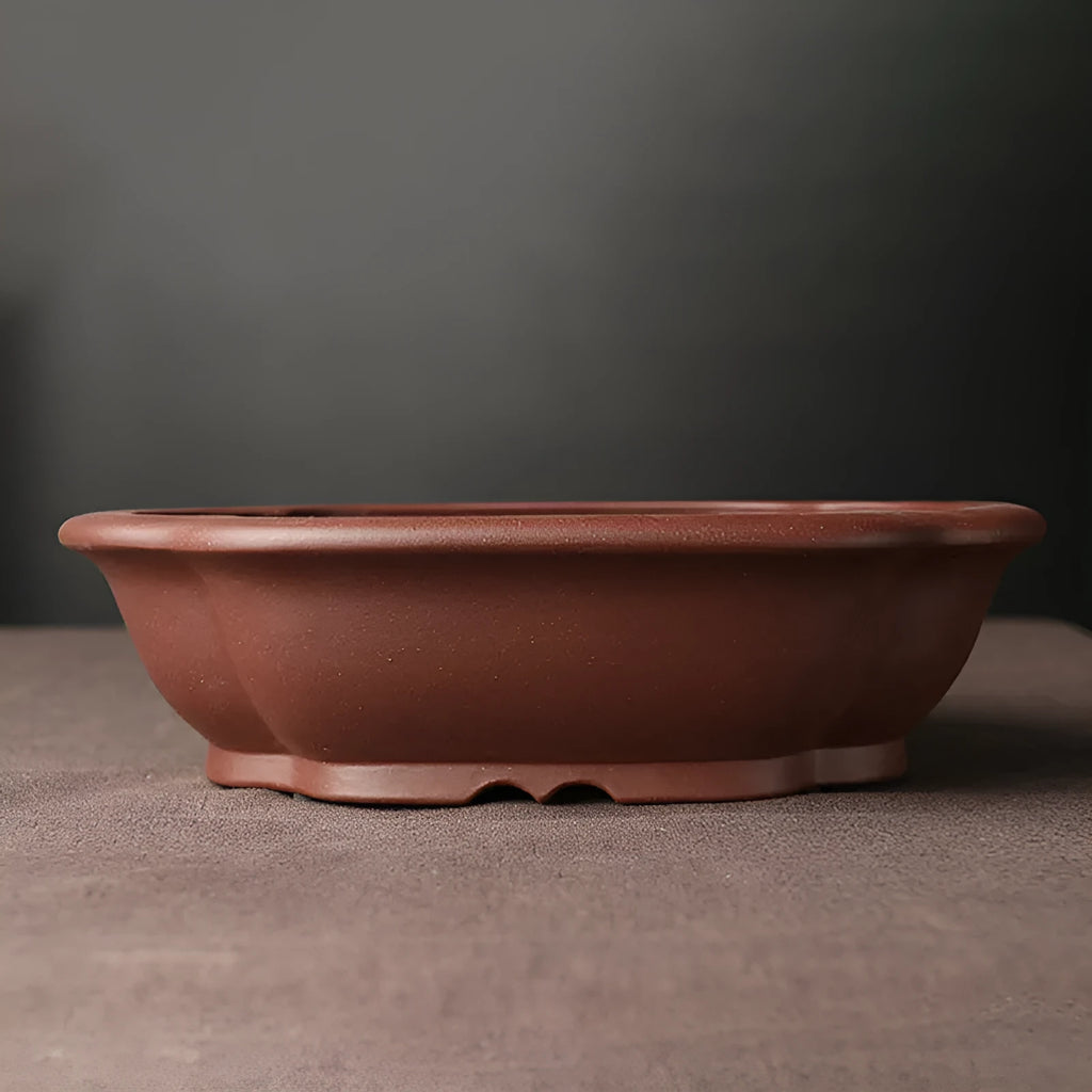 Handmade purple clay bonsai pot with classical Chinese design measuring 25cm long