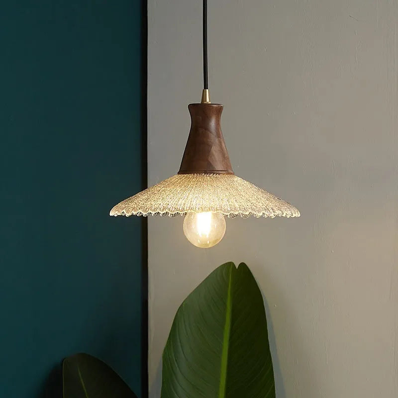 Woodcraft brass and glass ceiling chandelier for restaurant lighting in three available sizes.
