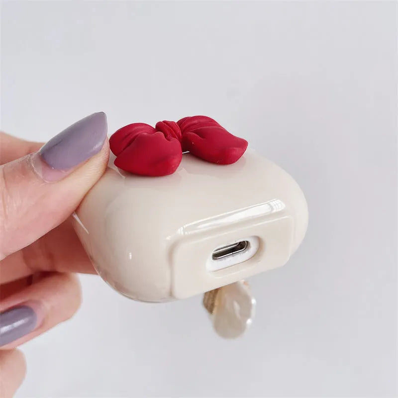 Beige red bow shell TPU clamshell case for Apple AirPods Pro wireless earphones