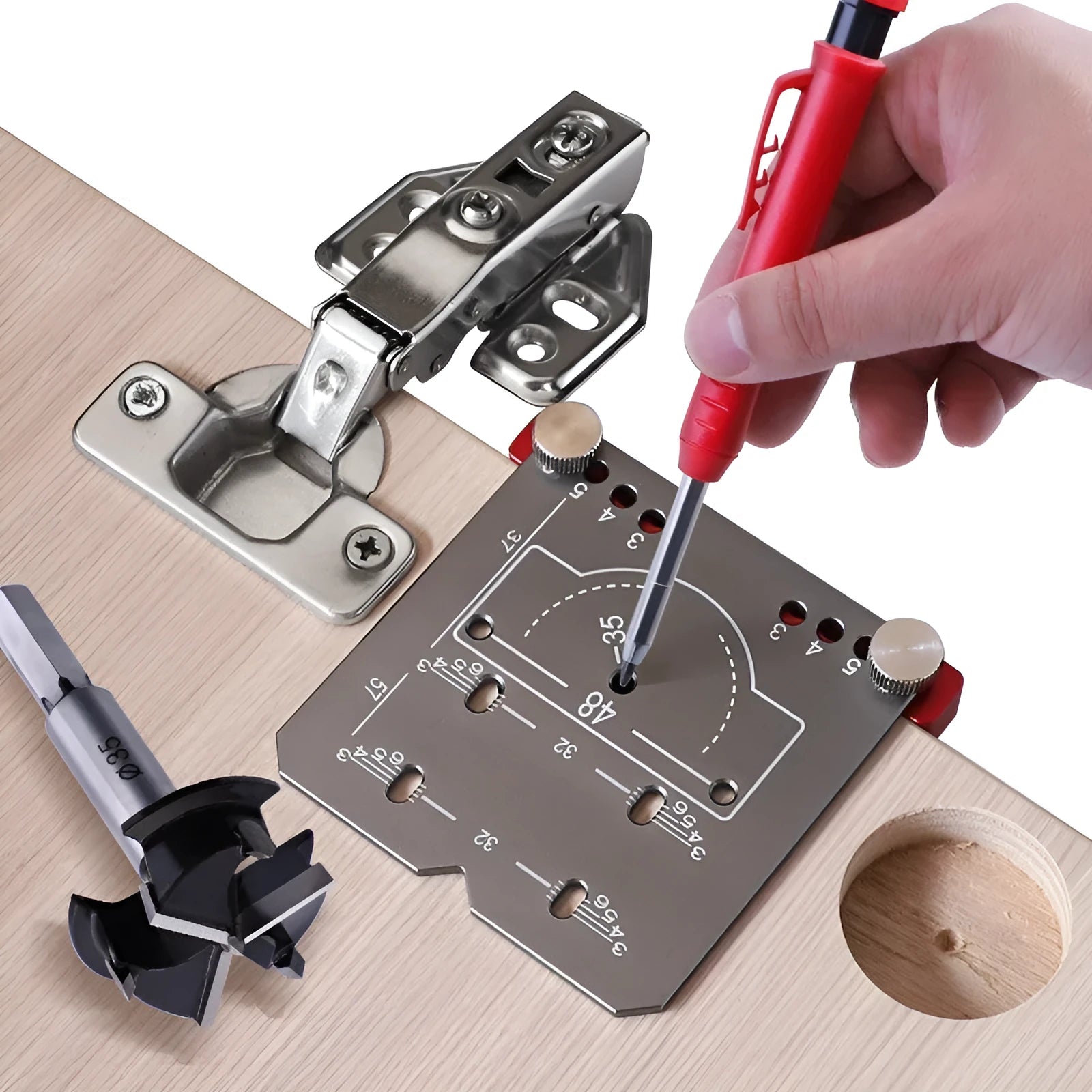 Red hinge punch locator tool for 35mm cabinet hinge installation with adjustable margin settings