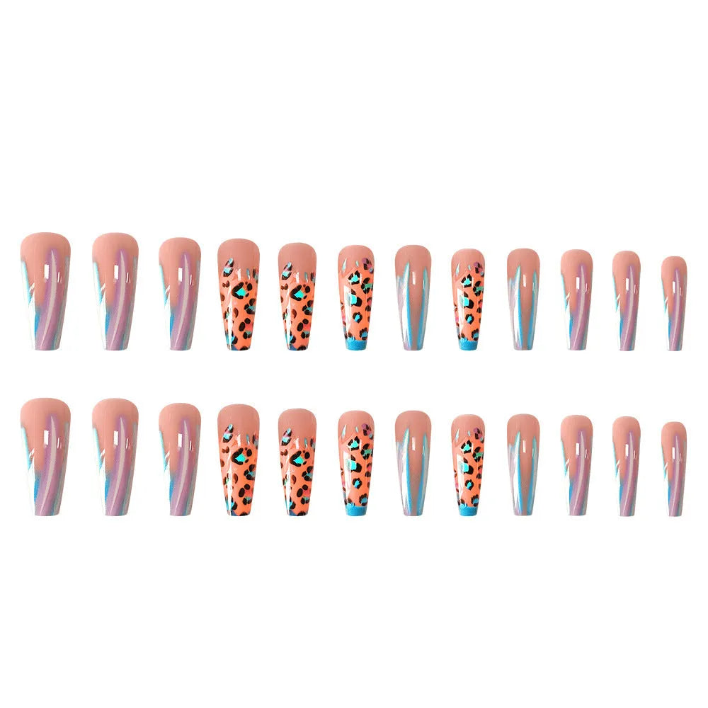 Blue edge French leopard print press-on nail tips in long ballet shape with jelly glue and nail stickers