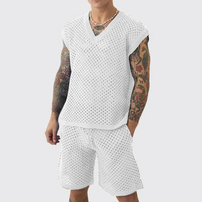 Men's blue V-neck vest with matching shorts sports suit