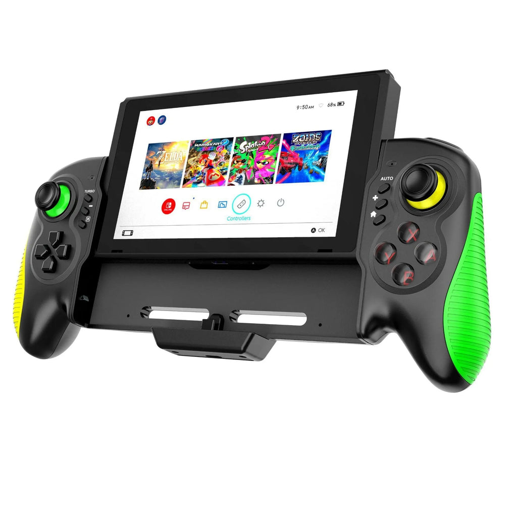 Yellow-green gaming controller with in-line handle design for Nintendo Switch and PC gaming