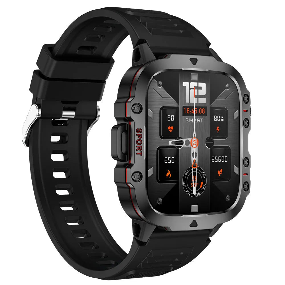 QX11 smartwatch in black with zinc alloy case and TFT touch screen displaying fitness metrics.