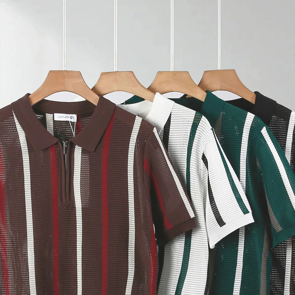 Men's black short-sleeved polo shirt with hollow mesh knitting and a silver zipper decoration on the front.