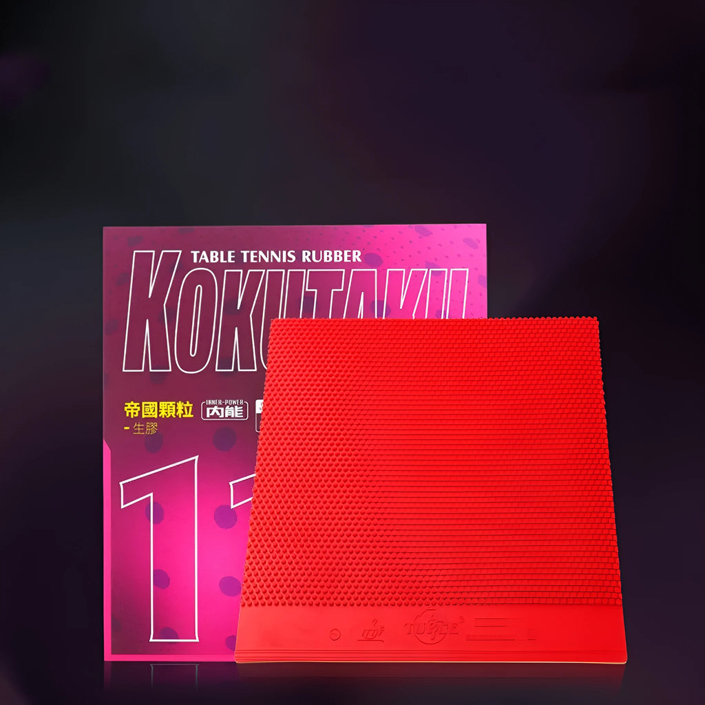 A single sheet of raw table tennis rubber in black or red colour with a small-particle texture surface.