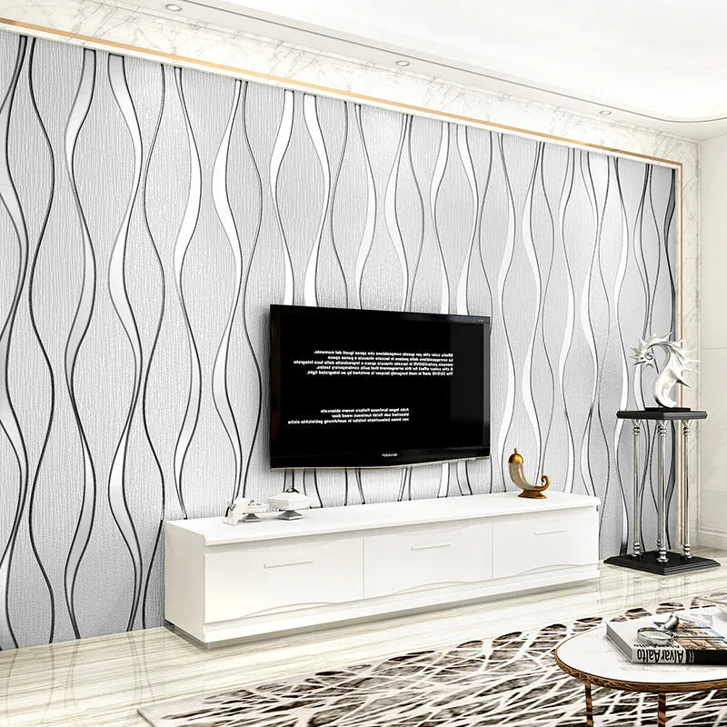 Curve Stripe 3D textured wallpaper roll in deerskin velvet finish, showing light grey and dark brown colour options.