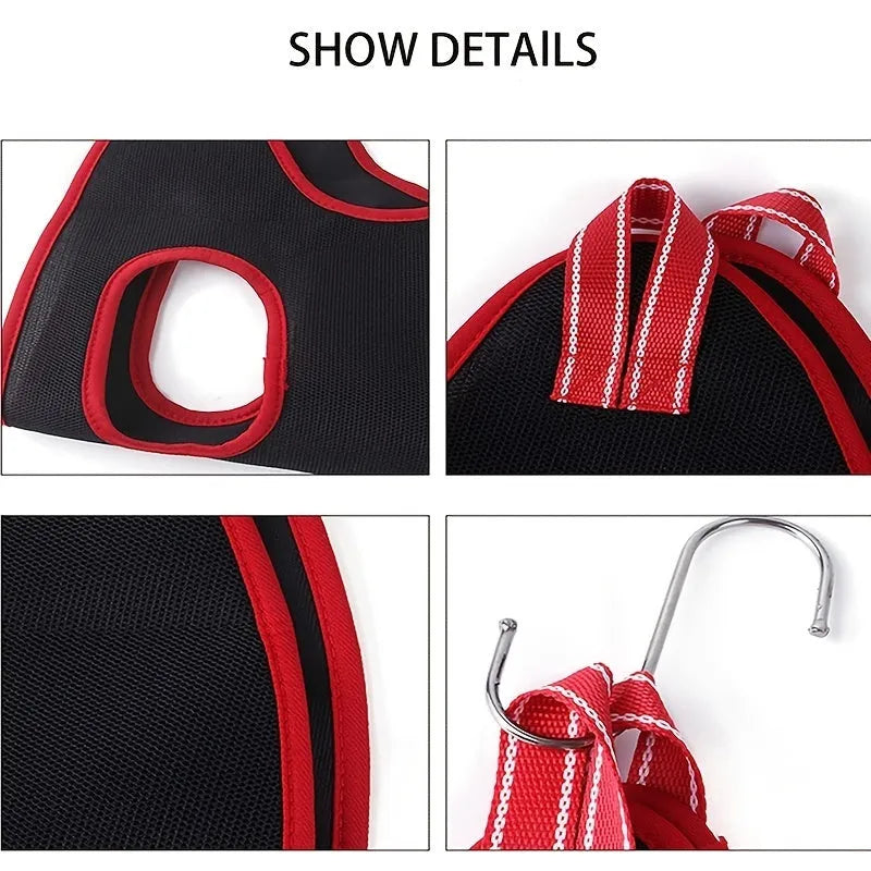 A pet grooming hammock restraint bag hanging, suitable for cats and small dogs.