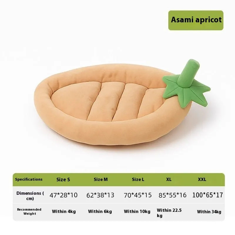 A brown removable cloth dog mat shown in a pet bed, with size options from S to XXL.