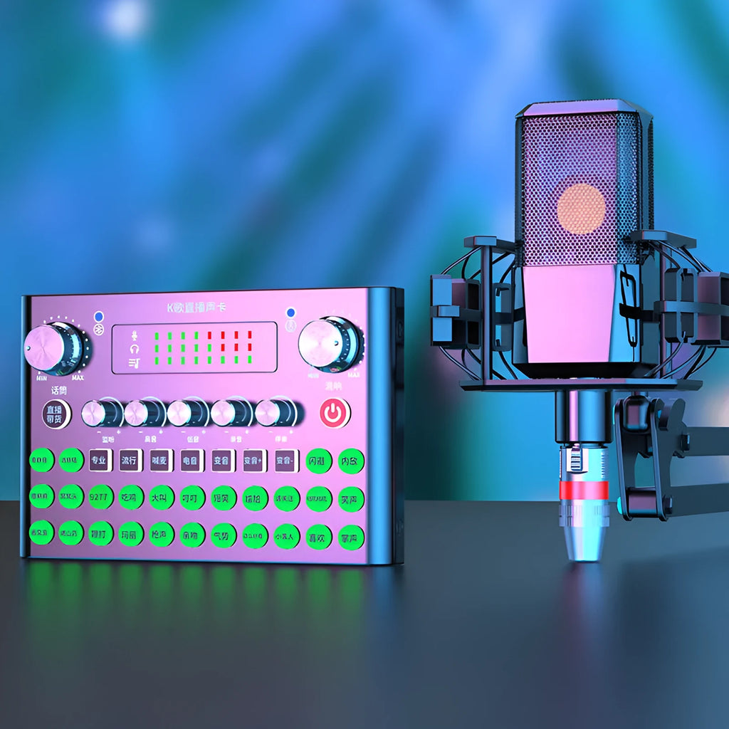 F007plus sound card condenser microphone set with Bluetooth connectivity for live broadcasting